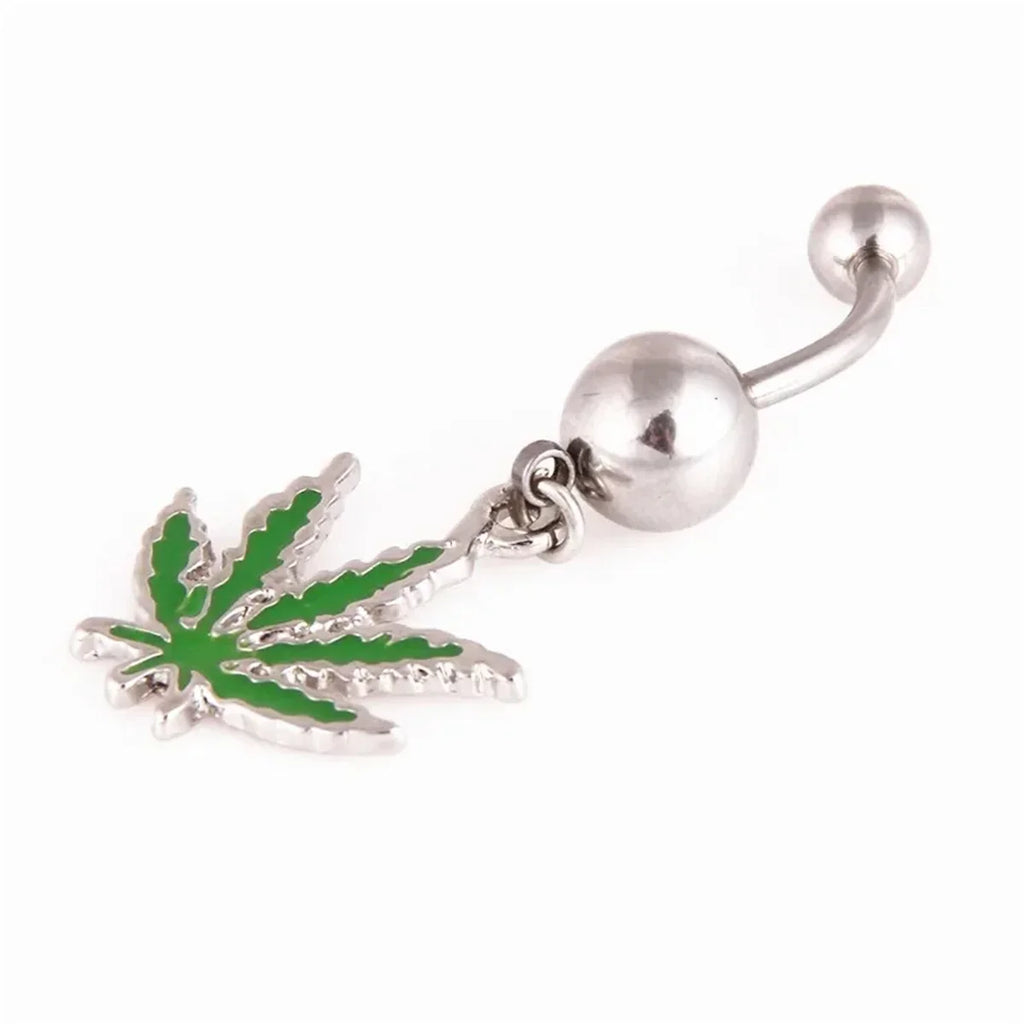 1/2pcs 316L Stainless Steel Leaf Belly Button Ring for Women, Green Maple Leaf Dangle Belly Barbell Navel Body Piercing Jewelry