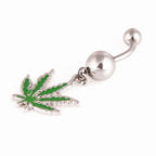 1/2pcs 316L Stainless Steel Leaf Belly Button Ring for Women, Green Maple Leaf Dangle Belly Barbell Navel Body Piercing Jewelry