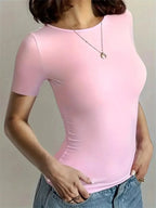 2025 Spring New Short Sleeve T-Shirt Women Solid Simple Casual Soft All-Match Hot Basic Crop Tops Tees Summer Fashion Slim Fit T