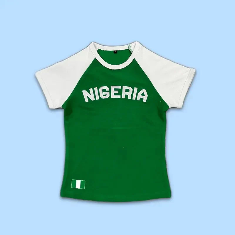 2025 Summer New y2k Leisure Color Blocked Embroidered Nigeria Letter Green T-shirt trend 2025 Women's Clothing Crop Top EMO