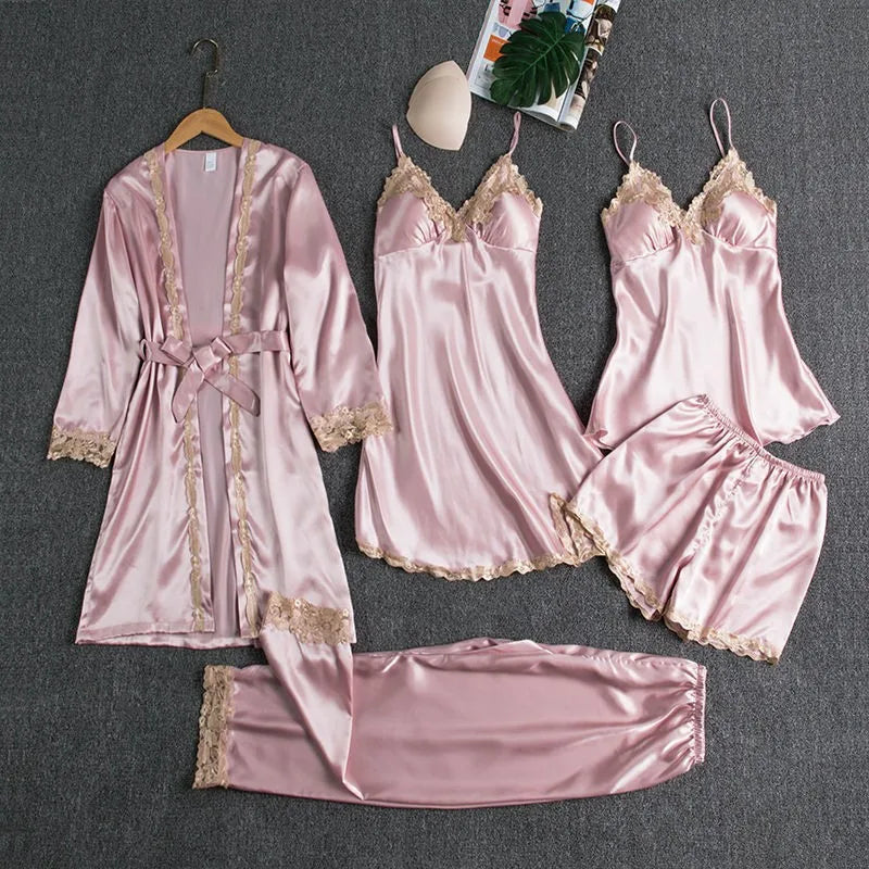 2025New Luxury Satin Pajama Set 5 Pcs Women's Silky Sleepwear Lace Trim Robe Nightgown Cami Shorts Pants Elegant Loungewear Hot