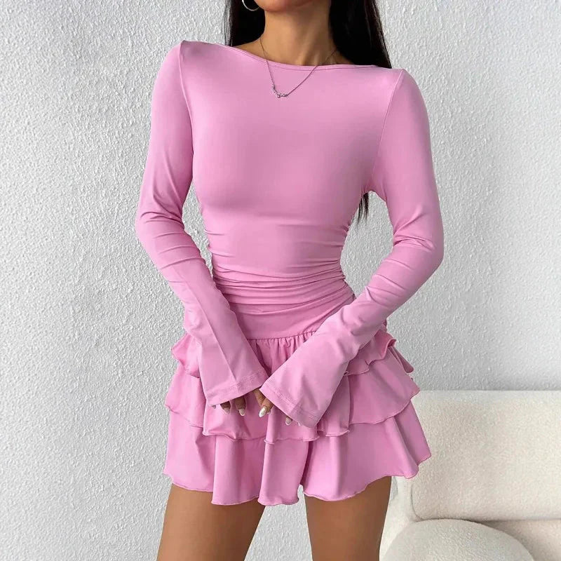 2025 Autumn Solid Slim Fit Cascading Ruffles Mini Dress Winter Women Elegant Flare Sleeve High Waist Sexy Party Bodycon Dresses