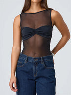 CHRONSTYLE Sexy Women Mesh Sheer See Through Tank Tops Sleeveless Round Neck Solid Color Slim Fit Ruched Patchwork Vest 2025 New