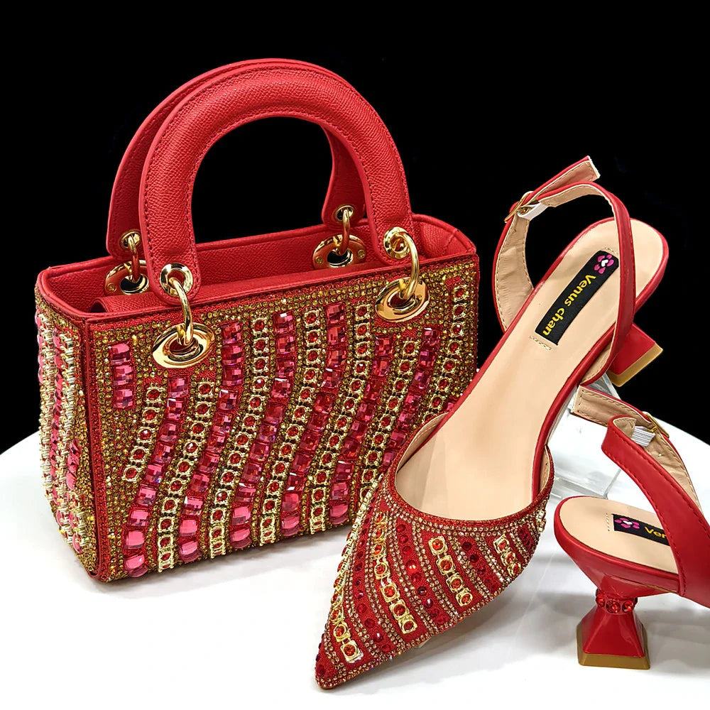 2025 Luxurious Italian Women's Party Shoes & Bag Set â€?Elegant Golden Rhinestone Spring/Summer Sandals with Pointed High Heels f