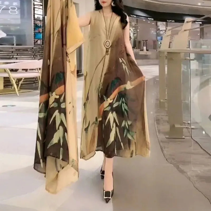 Commute Floral Printed Matching Sets Two Piece Set Casual Round Neck Spring Summer Female Fashion Irregular Hem Long Dress Sets