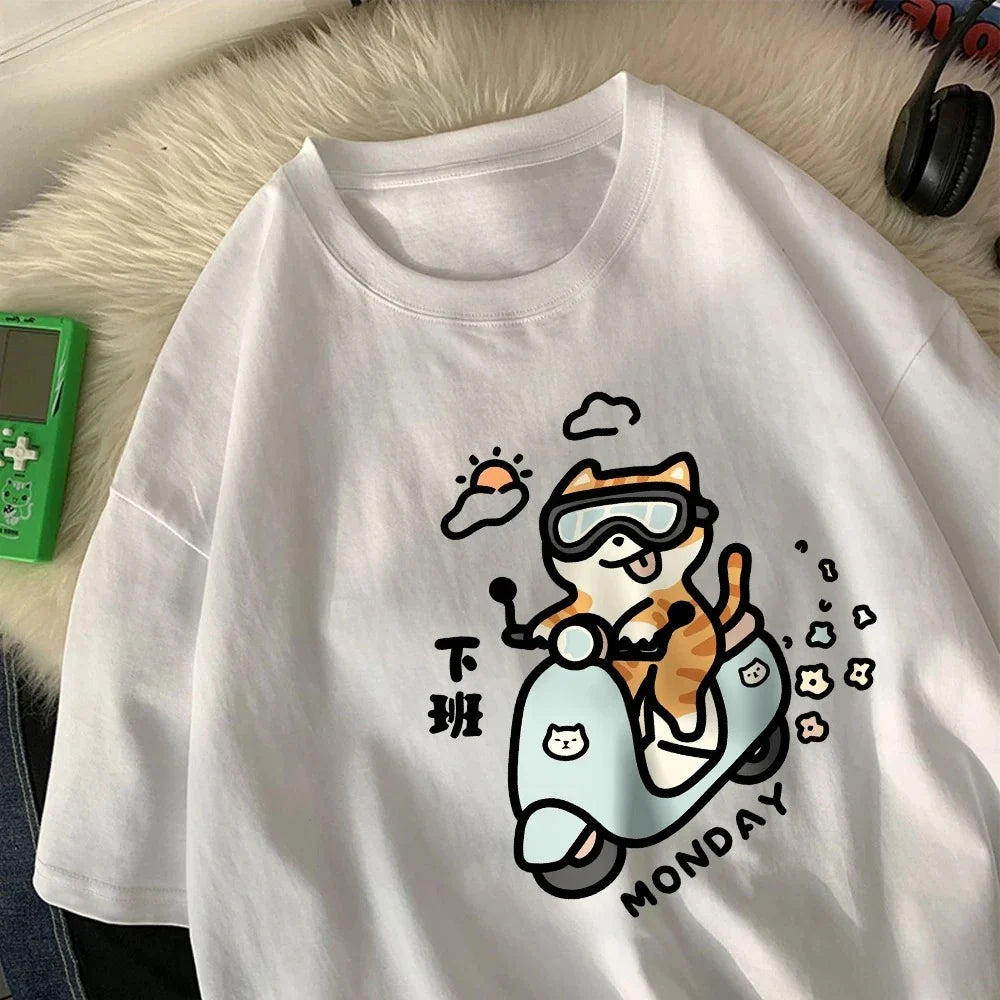 Cute Cat Riding Home After Work on Monday Women T-Shirts Cartoon Printed Tops Round Neck Soft T Shirt Summer Clothing