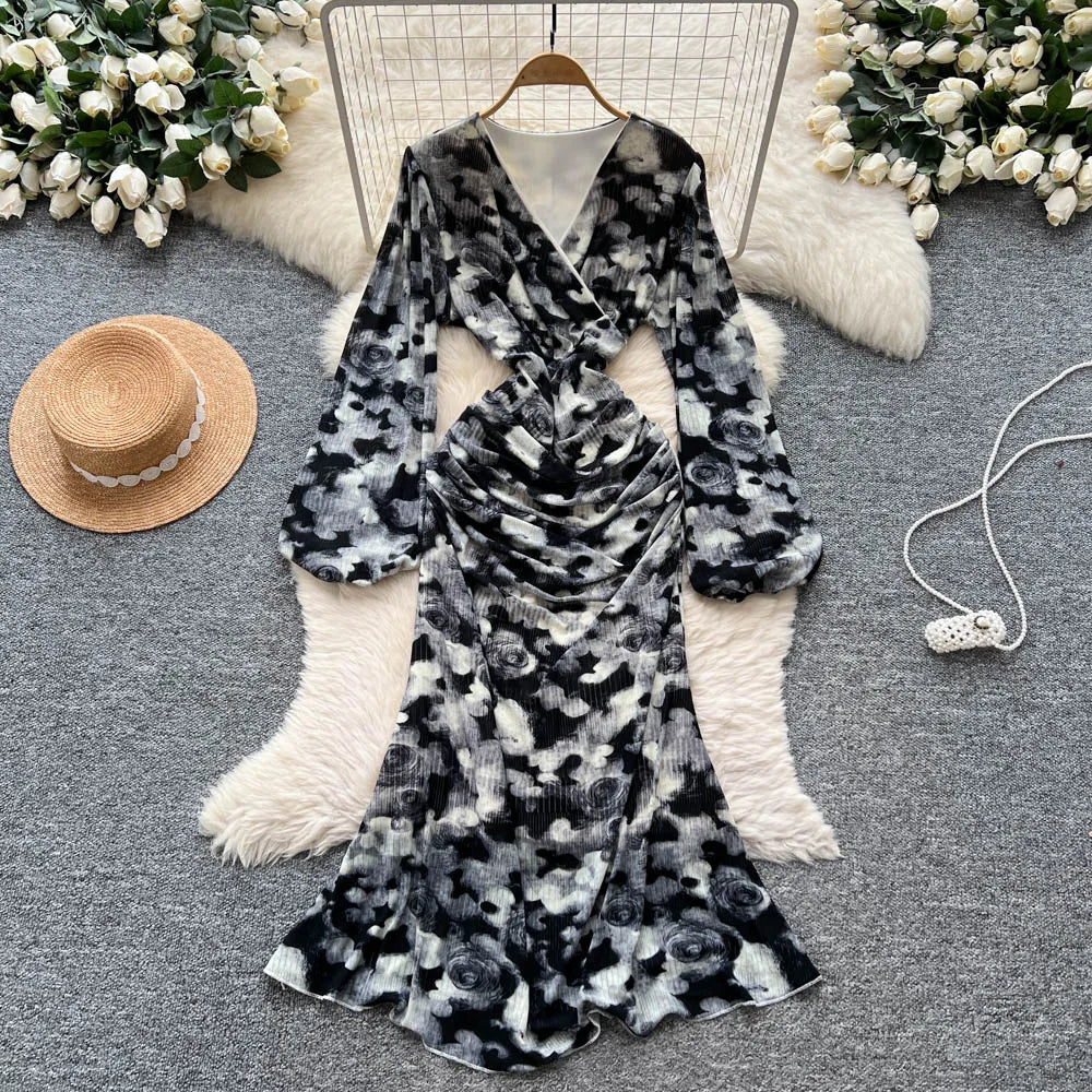 Chic vintage long sleeve Criss-Cross print pleated Elegant Fairy korean fashion dress women clothing Long dress
