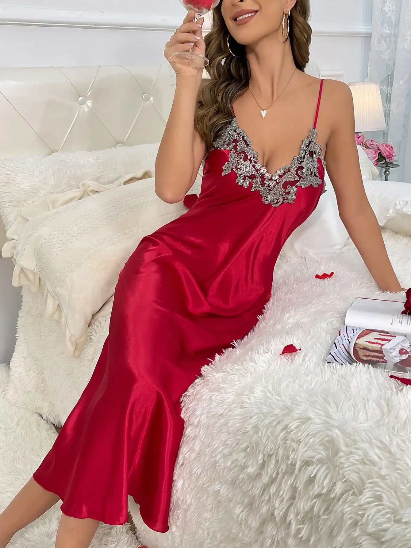 2cs Contrast Lace  Long Sleeve Belted Robe V Neck Slip Dress Sexy Elegant Women Pajamas  Sets