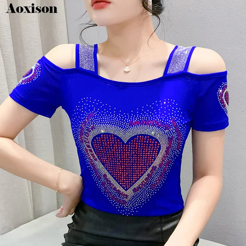 Aoxison Summer Short Sleeved Women's T-Shirt Elegant Slim Shiny Love Heart Diamonds Mesh Tops Chic Girl Sexy Off Shoulder Tees