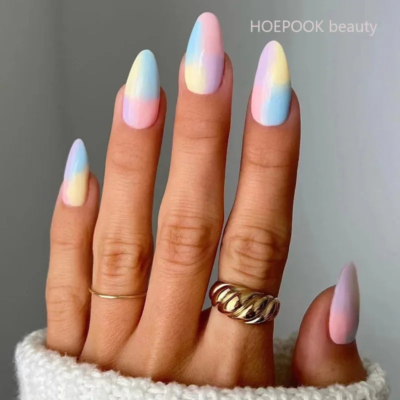 24pcs Nude French Fake Nails White Edge Almond False Nails Art Full Coverage Removable Waterproof Artificial Press on Nail