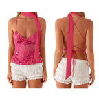 Combhasaki Women Summer Sleeveless Beading Camis Top V-neck Tie-up Cross Backless Pearl Glitter Sequin Flower Embroideried Vest