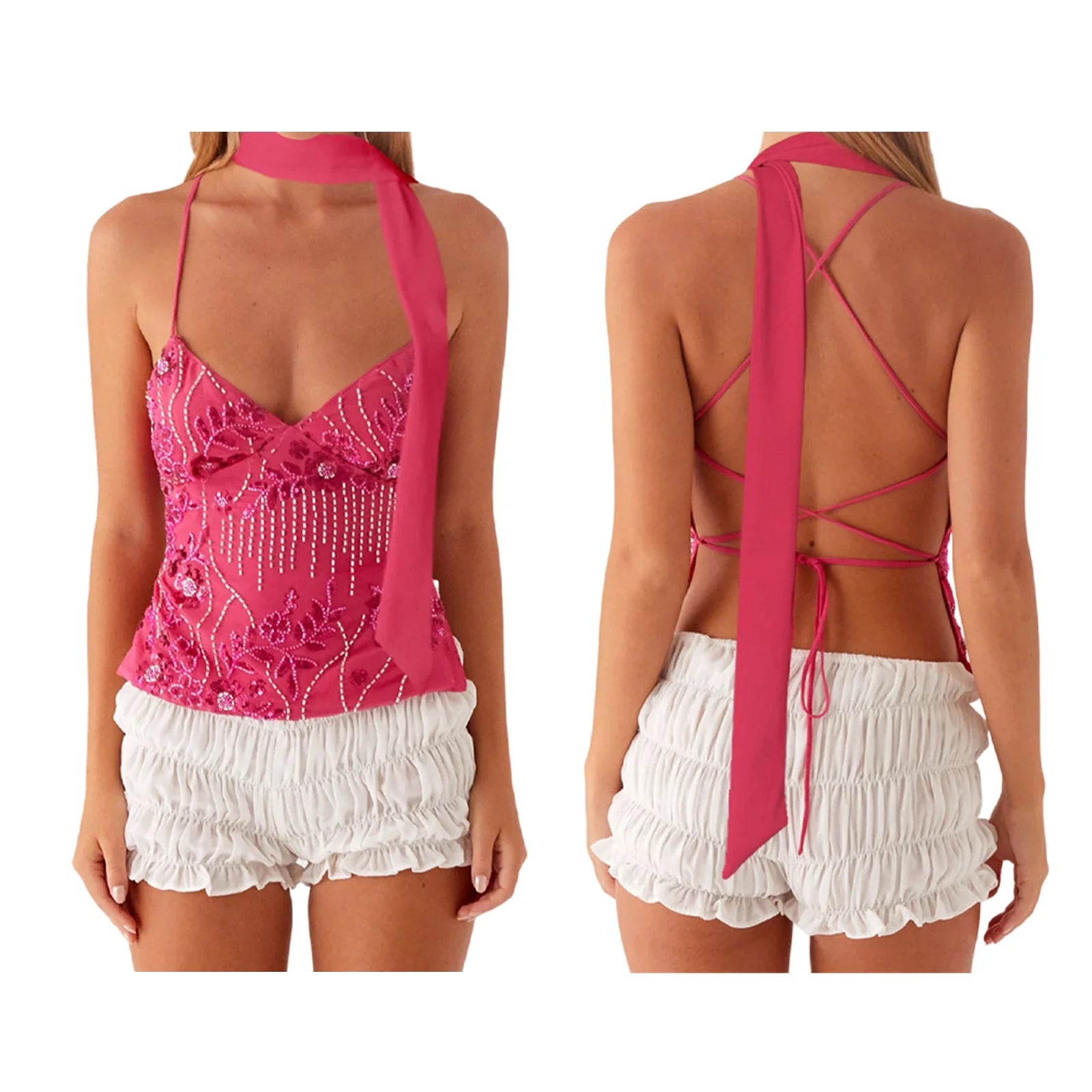 Combhasaki Women Summer Sleeveless Beading Camis Top V-neck Tie-up Cross Backless Pearl Glitter Sequin Flower Embroideried Vest