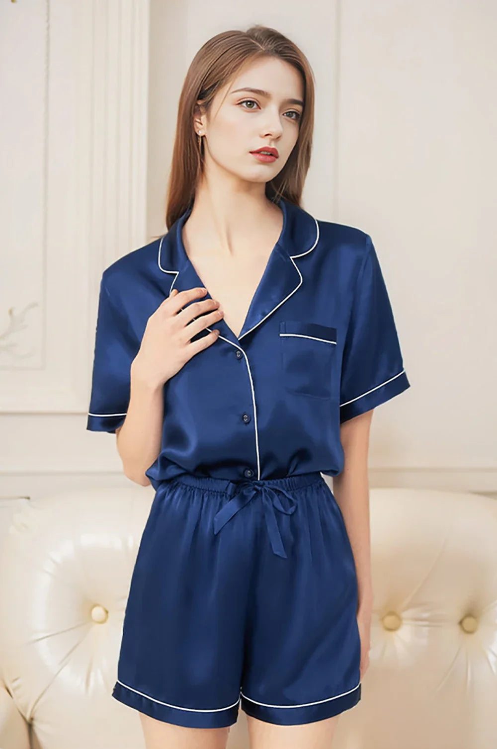 100% Real Mulberry Silk Womens Pajamas Set Sleepwear Pjs Button Down Short Sleeve Shirt Top and Shorts Loungewear 2 Piece M-4XL