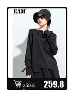 EAM 2024 New Fashion Winter Stand Collar Irregular Long Type Black Cotton-padded Clothes Loose Coat Black Jacket Woman YA771