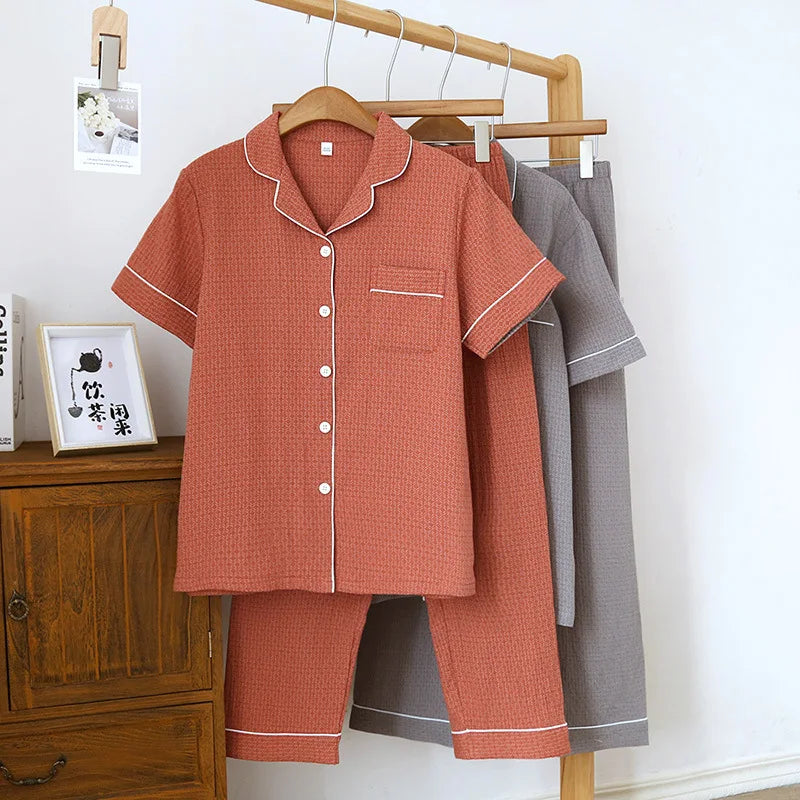 2025 New Japanese Spring/Summer Couple Pajama Set 100% Cotton Crepe Short Sleeve and Long Pants Two Piece Home Suit Thin Style