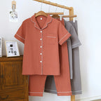 2025 New Japanese Spring/Summer Couple Pajama Set 100% Cotton Crepe Short Sleeve and Long Pants Two Piece Home Suit Thin Style