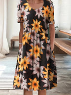 2024 New Spring And Summer Women's Elegant Large Skirt Round Neck Printed Short-sleeved Dress