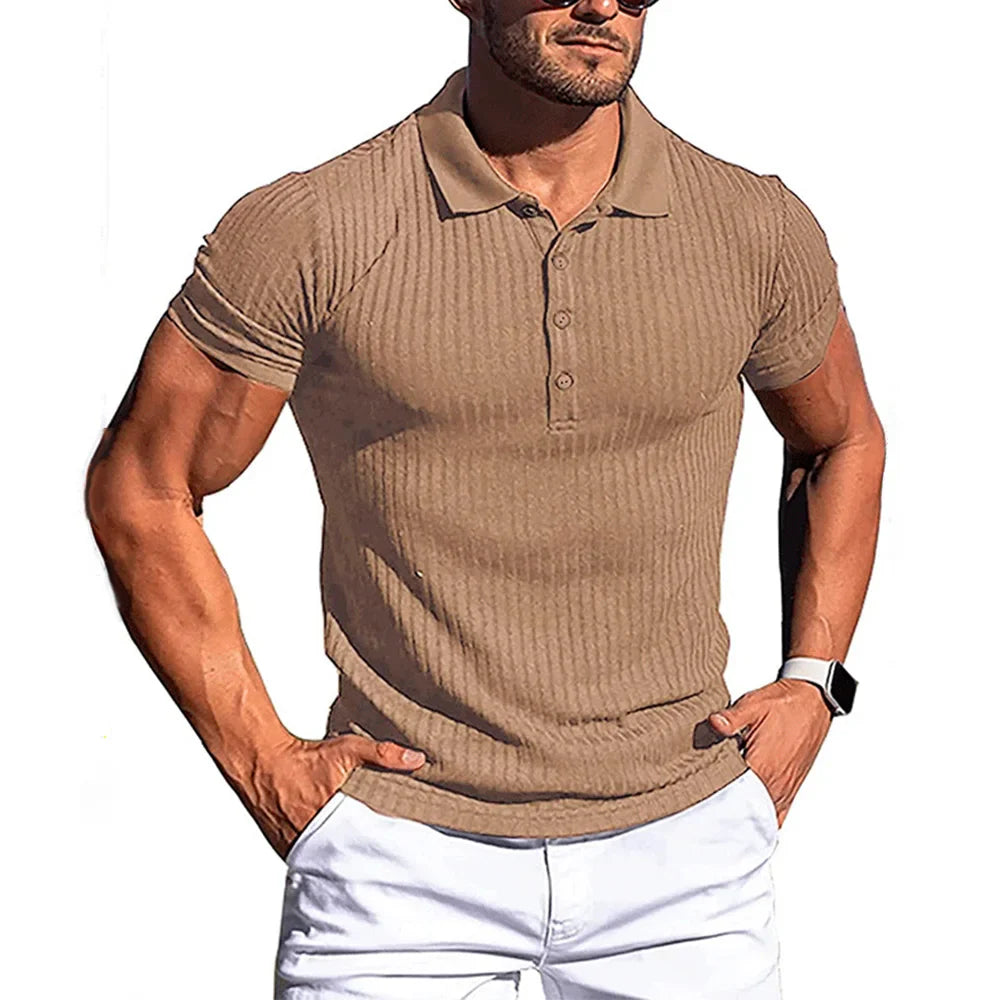 Brand Name Stylish Summer Polo - Men's Elastic Short Sleeve with Bold Stripes and Stand Collar