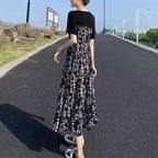 2024 New Summer Korean Version Elegant and Loose Floral Dress Short Sleeved Printed Patchwork Bandage for Women's Long Dress