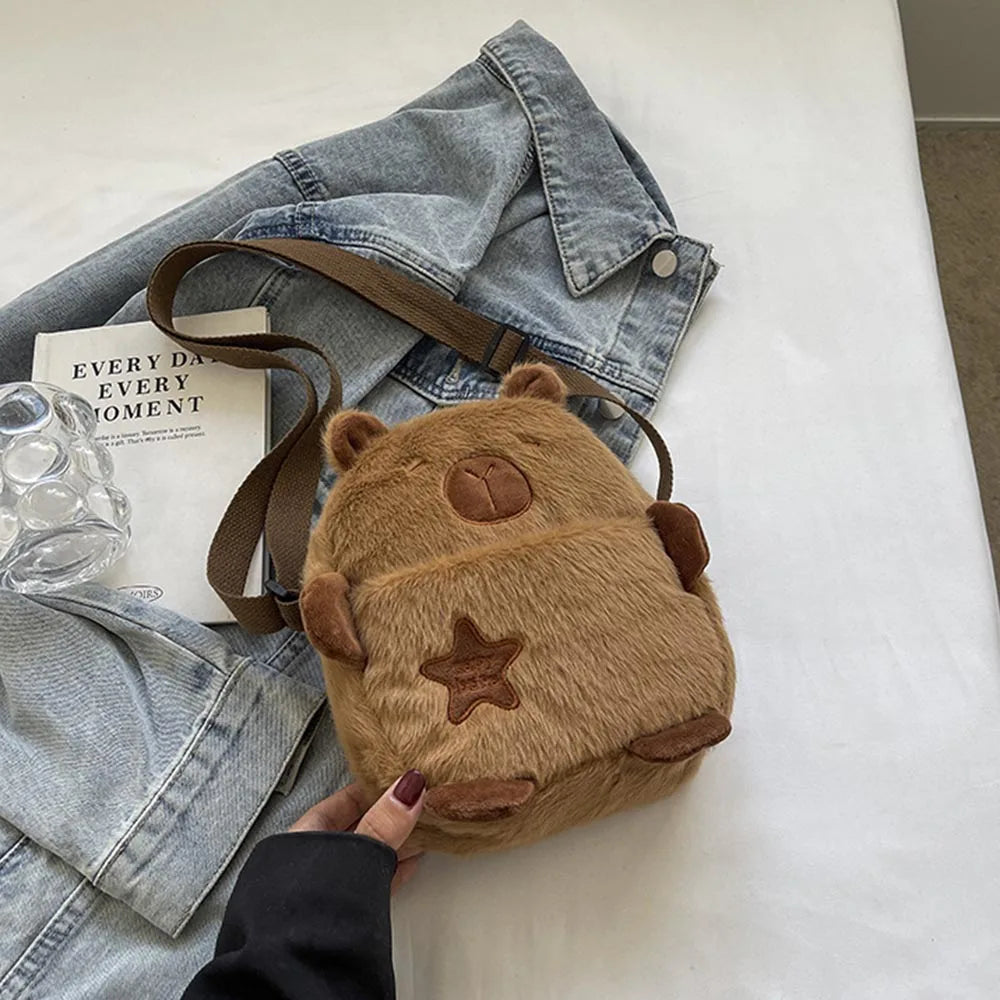 Cute Plush Capybara Crossbody Bag Large Capacity Shoulder Bag Girls Coin Purse Adjustable Zipper Plush Mobile Phone Pouch