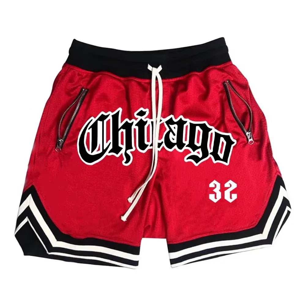 Chicago Basketball Shorts Men's Casual Sports Shorts Breathable Running Training Five Points PantsMesh Fitness Short Trousers