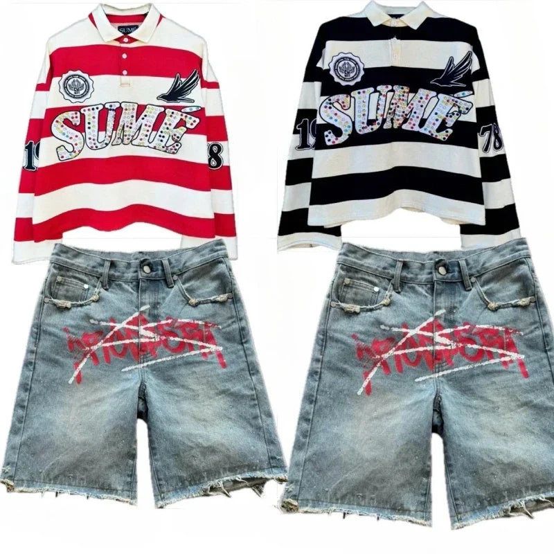 Couple summer washing fashion rhinestone striped two-piece set of denim shorts original color casual printing five-point pants
