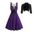 2025 Womens Gothic Dresses Sets Solid Color Open Front Crop Jacket and Lace Up Buckle Strap Crisscross Dress Outfit