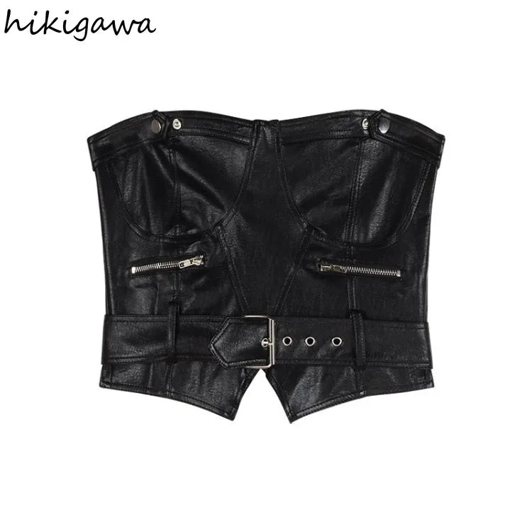 Crop Tops Sexy PU Y2k Tanks Women Clothing Fashion Summer Camis 2025 Ropa Mujer Slim Waist Irregular Backless Harajuku Vest