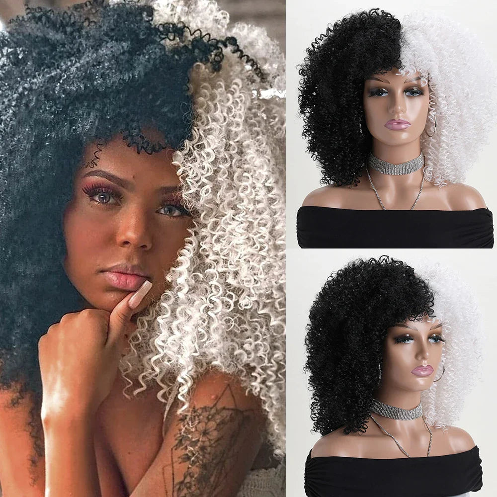 16 Inch Afro Kinky Curly Hair Wigs With Bangs Soft Fluffy Synthetic Fiber None Lace Wigs For Party Cosplay Daily Use