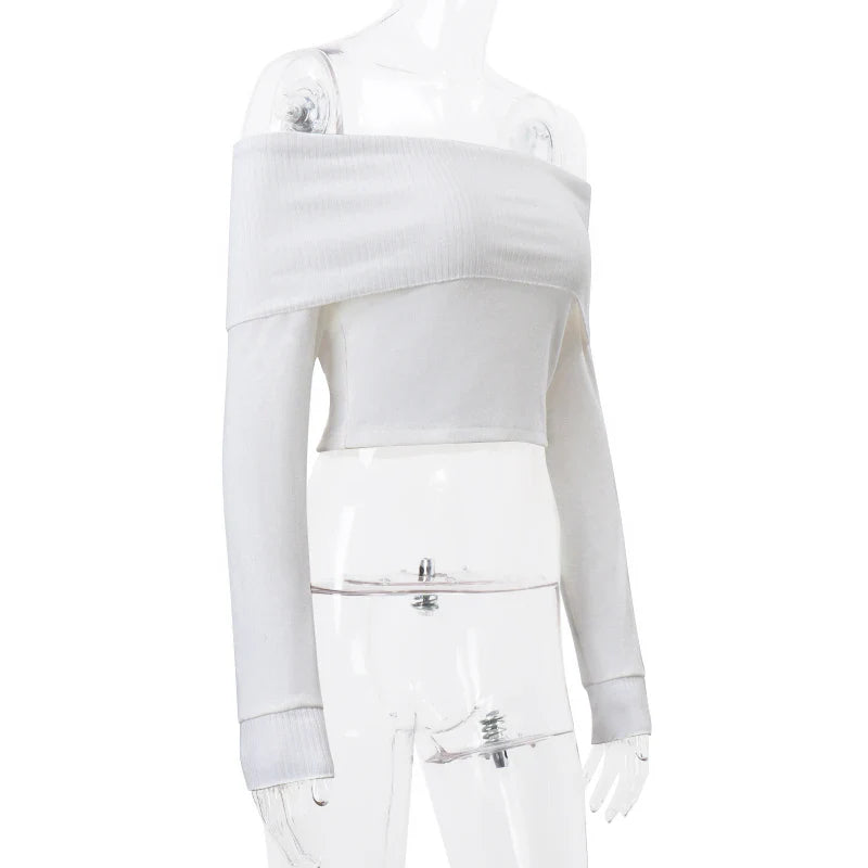 Candyhot Solid Elegant Off Shoulder Ribbed Crop Tops Autumn Fashion Casual Skinny Long Sleeve Camis Gentle Y2K Tight T-shirts