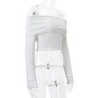 Candyhot Solid Elegant Off Shoulder Ribbed Crop Tops Autumn Fashion Casual Skinny Long Sleeve Camis Gentle Y2K Tight T-shirts