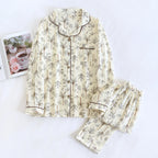 2025 Spring and Autumn Women's Pajama Set 100% Cotton Crepe Long sleeved Pants Two piece Cute and Sweet Home Fury Set Ladies