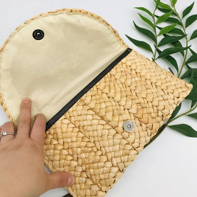 Corn Husk Weave Dinner Clutch Bag Women's Fashion Simple Solid Straw Large Purse Woman Summer Casual Vacation Ladies Wallet 2025