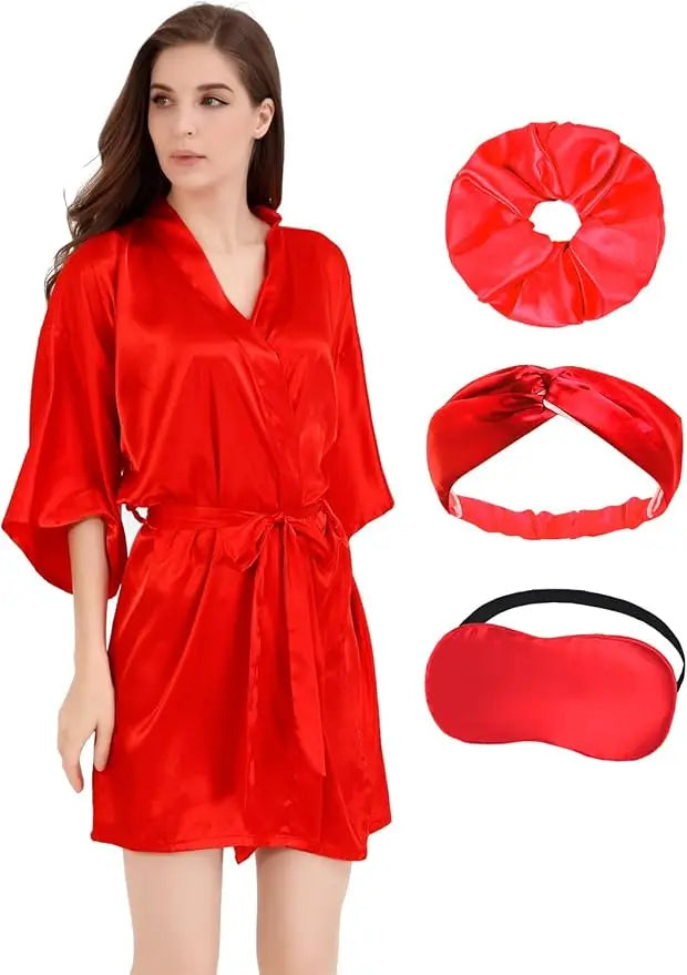 2Pcs Womens Floral Kimono Robe Silk Robes Bride Bridesmaid Satin Robes Bridal Dressing Gown Silky Bathrobe