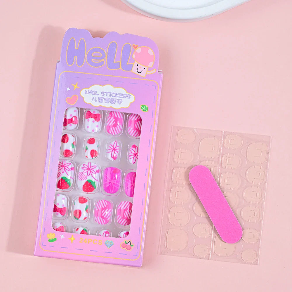 24Pcs Children Cartoon Nail Tips Colorful Cute Rabbit Pink Stars 6-14 Years old Girl Fake Nail With Jelly Glue Kids False Nail