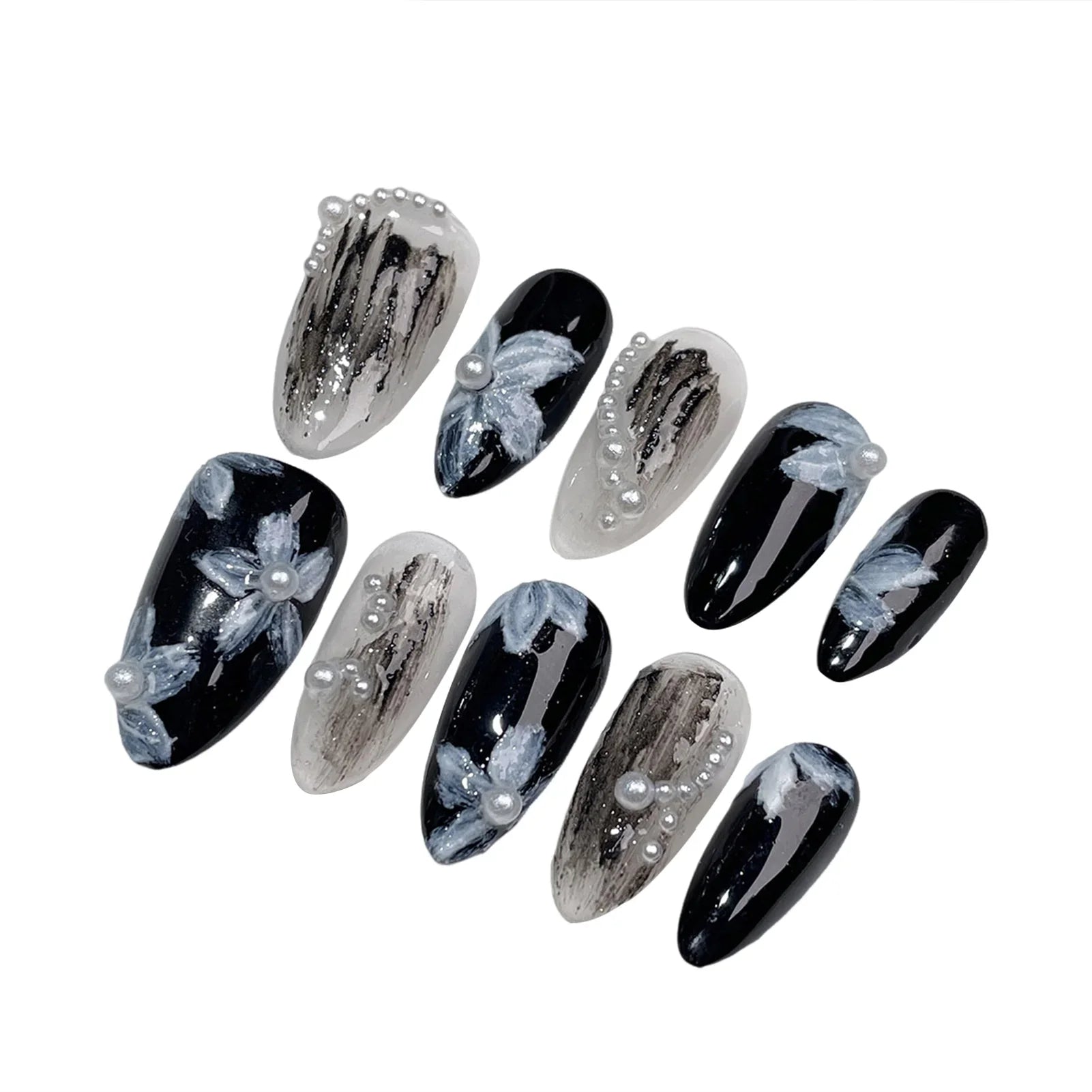 Handmade Press on Nails White Pearl Design Fake Nails with Flower Decor Wearable Detchable Fake Nails for Women DIY Manicure