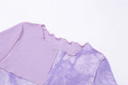 Chic Crop Tops Tees Tie Dye With Sequin Patchwork Women Summer T-shirts Ruffles Hem Purple Or Bule Clothes