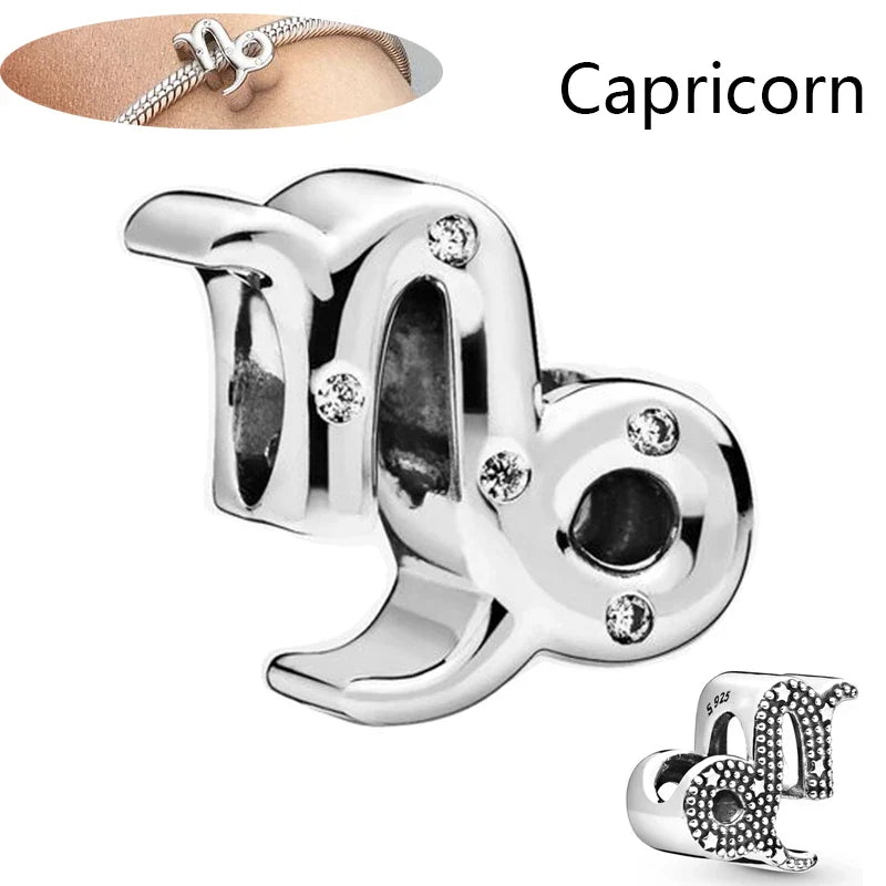 Authentic 925 Sterling Silver Sparkling Aries Leo Scorpio 12 Zodiac Signs Constellation Charm Beads Fit Pantaro Bracelet Jewelry