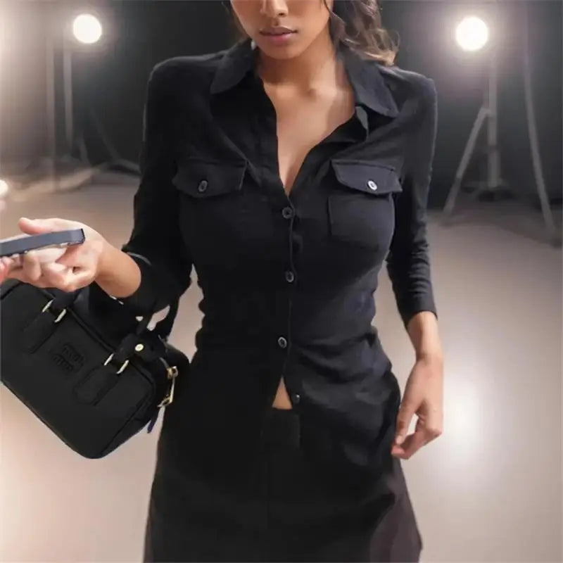 Black Shirts Woman Elegant Fashion Streetwear Female Slim Blouse Spring Summer Thin Y2K Casual Office Ladies Sexy Tops White
