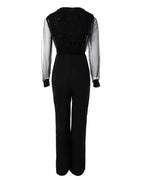 Elegant Jumpsuit Women Spring Fashion Glitter Print Sexy V-Neck Long Sleeve Casual Contrast Mesh Pocket Straight Leg Jumpsuit