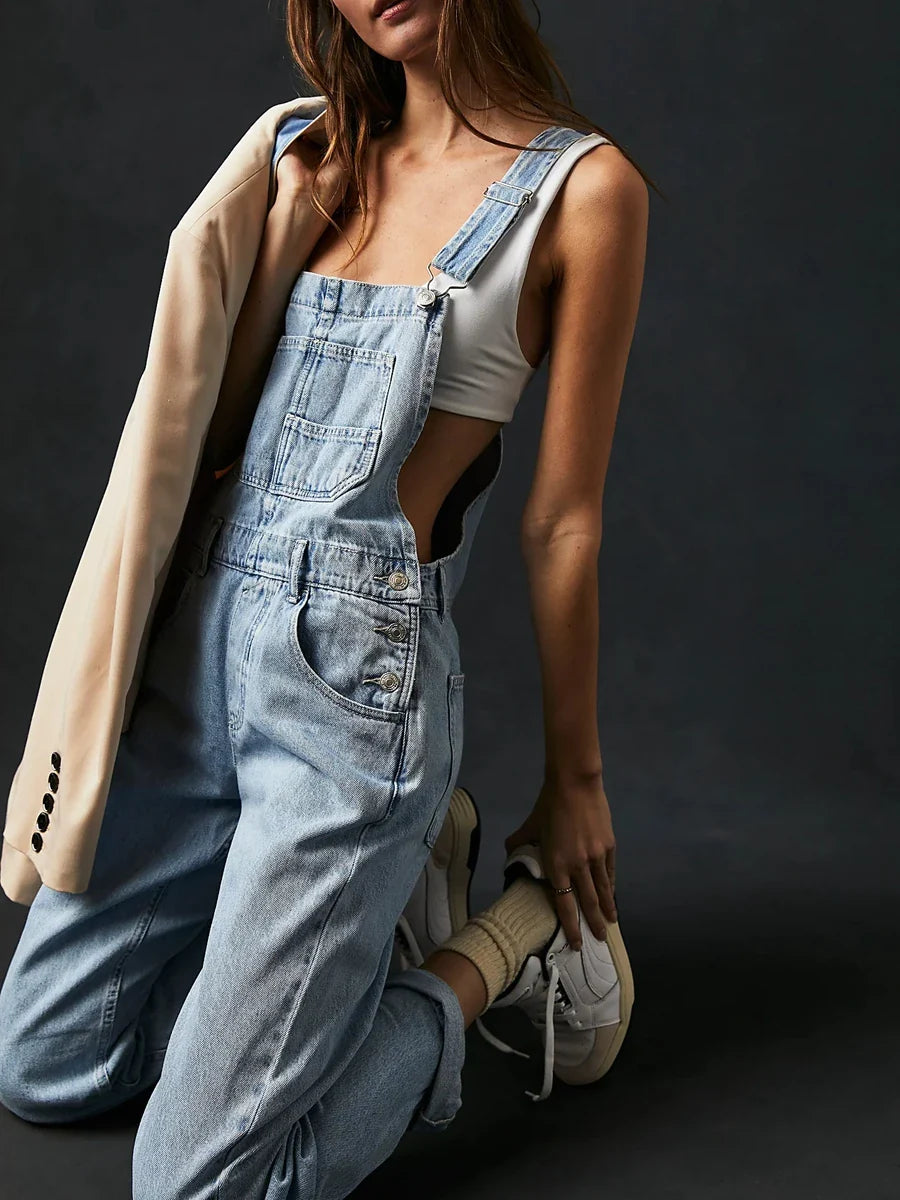 Casual Women Summer Vintage Retro Denim Long Jumpsuit Spaghetti Strap Straight Romper Pants Baggy Bib Overalls Jumpsuits