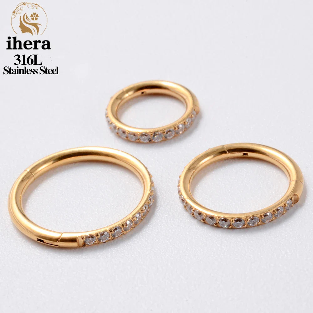 316L Stainless Steel Zircon CZ Hinged Segment Nose Septum Clicker Ring Round Earrings Hoops Ear Tragus Helix Piercing Jewelry
