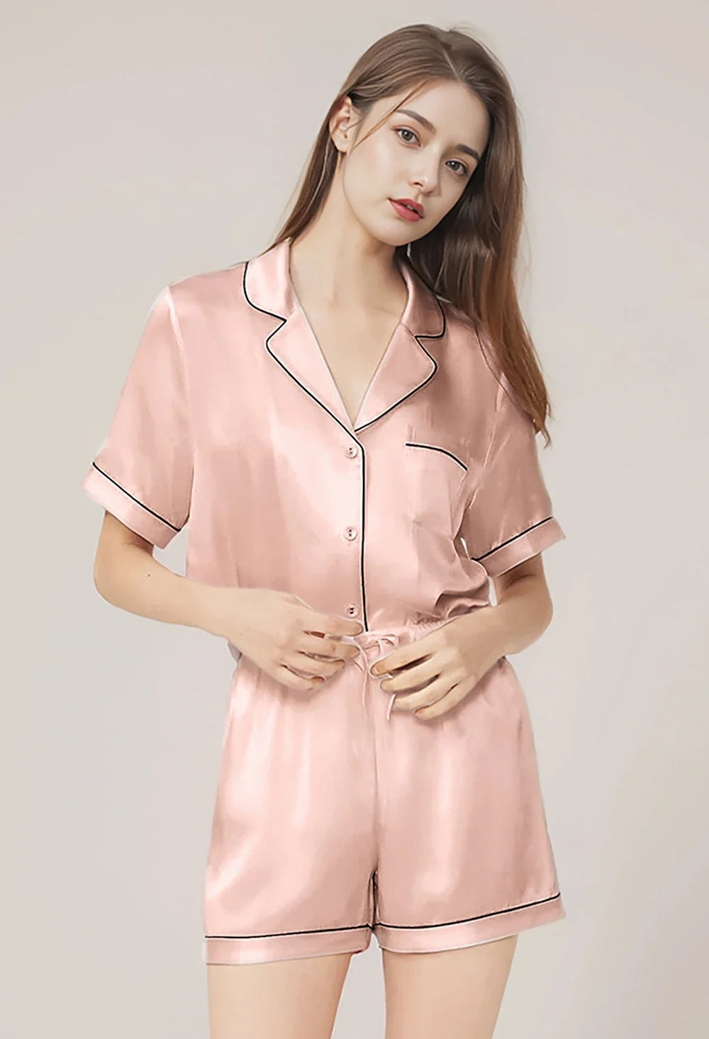 100% Real Mulberry Silk Womens Pajamas Set Sleepwear Pjs Button Down Short Sleeve Shirt Top and Shorts Loungewear 2 Piece M-4XL
