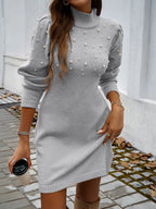 2025 Autumn Women Sweater Dresses Pearls Round Neck Long Sleeve Hip Wrap Dress Winter Elegant Ladies Casual Solid Slim Fit Dress