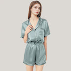 100% Real Mulberry Silk Womens Pajamas Set Sleepwear Pjs Button Down Short Sleeve Shirt Top and Shorts Loungewear 2 Piece M-4XL