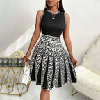 Dress 2025 Summer Commuter Color Contrast Printed Round Neck A-line Sleeveless Dress Short Skirt Casual Fashion Mini Dress Women