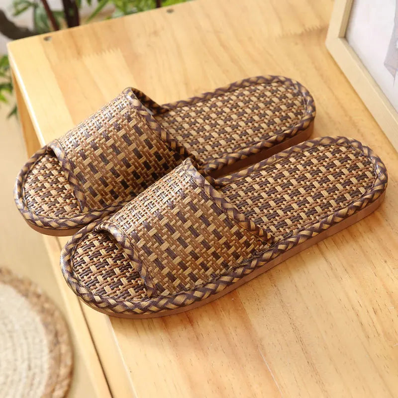 Bamboo Rattan Grass Summer Home Couple Wholesale Street Stall Indoor Thickened Soft Bottom Wooden Floor Home Linen Slippers