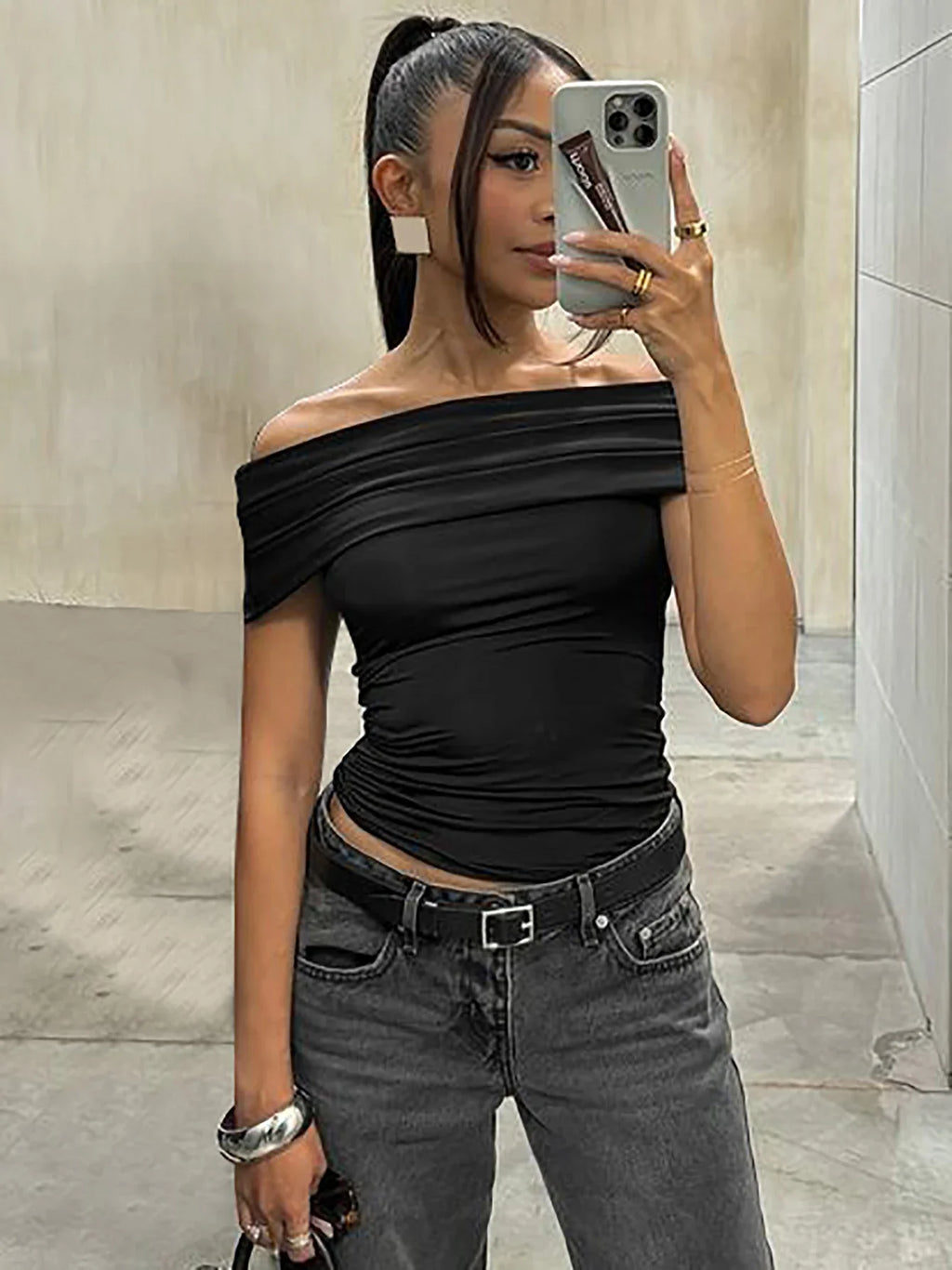 Dulzura Sleeveless Off Shoulder Ruched Bodycon Crop Top Solid Sexy Elegant T-Shirt Party Club Streetwear Spring Summer Top