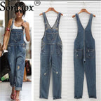 Casual Streetwear Hole Denim Jumpsuits Women 2024 Loose Suspenders Pocket Long Pants Waistline Straight Jeans Rompers