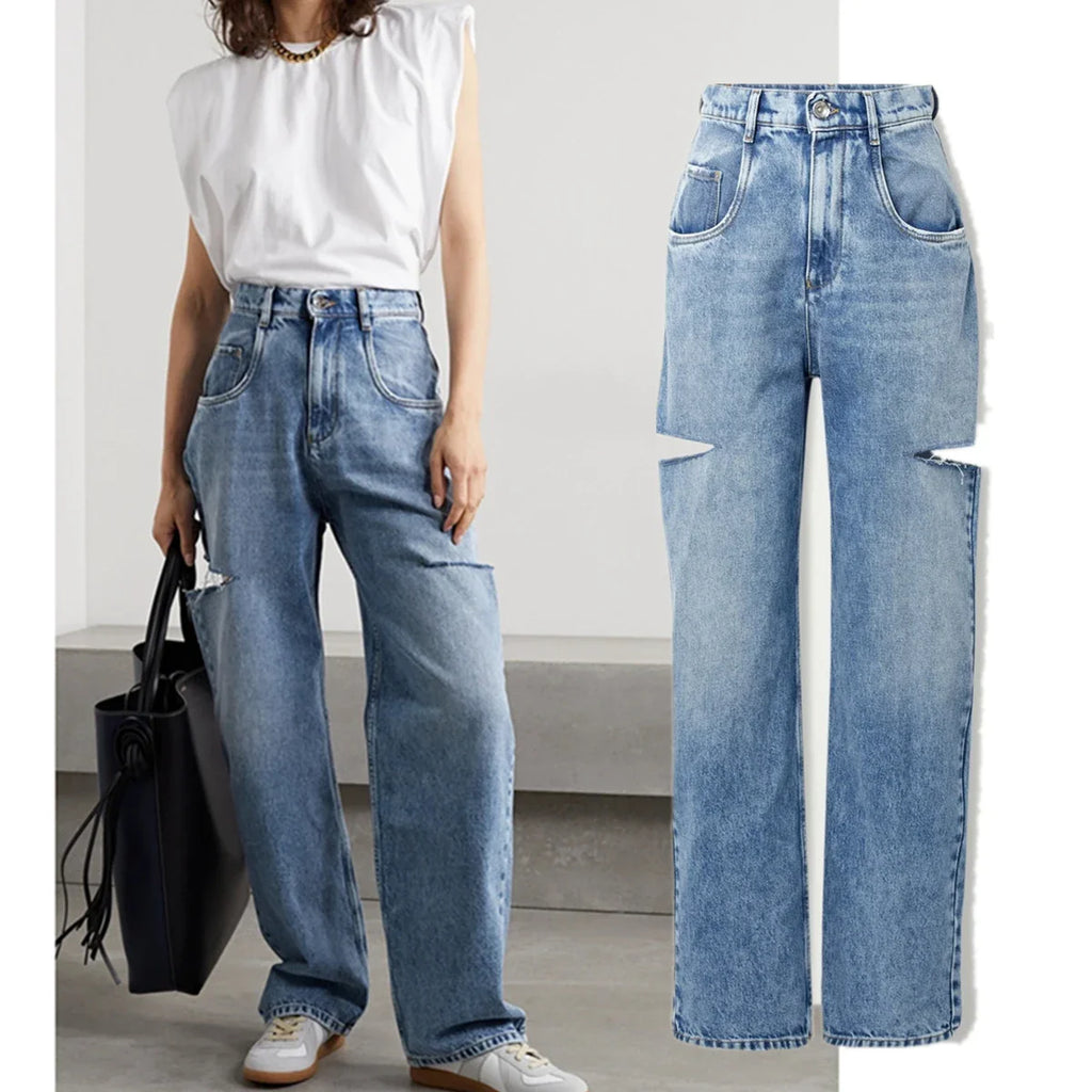 Dave&Di Summer British High Street Retro Loose Jeans With High Waist Wide Legs Broken Jeans For Women Boyfriend Style Mom Jeans